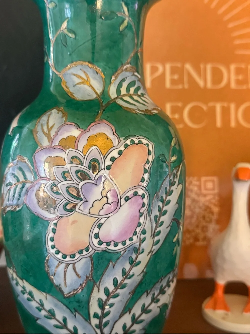 Vintage Green Floral Ceramic Vase - Home Accents